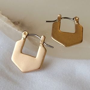 Gold Hexagon Geometric Hoop Earrings Thin Flat Huggie Hoop Brushed Gold Finish